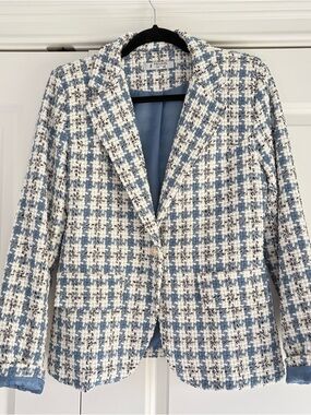 Femme Fatale Tweed Blazer Size 1 Blue Black White Classic Chic Jacket